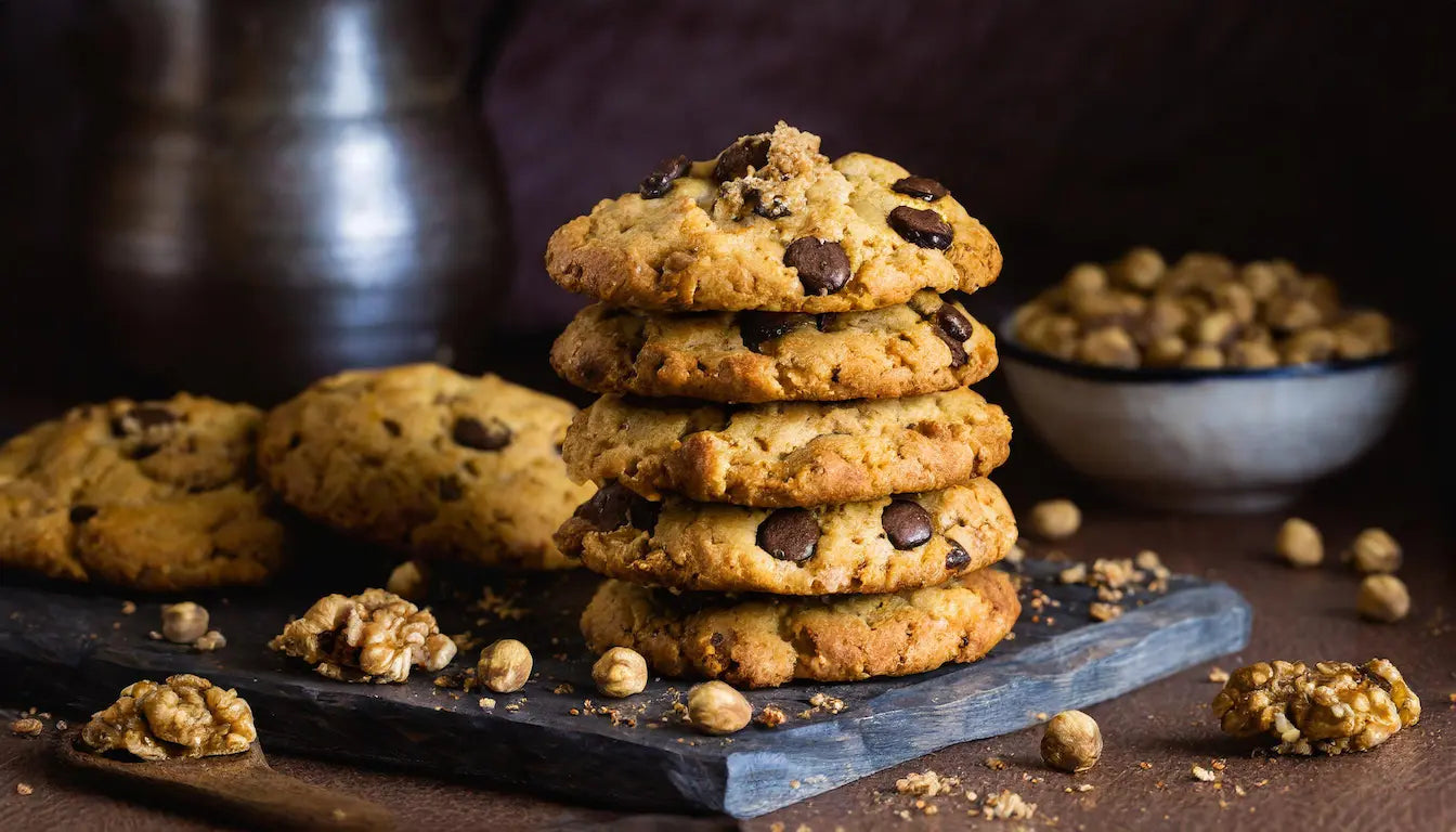Galletas de garbanzo con chispas de chocolate, apiladas en una tabla de madera, con nueces y garbanzos dispersos alrededor en un fondo rústico.
