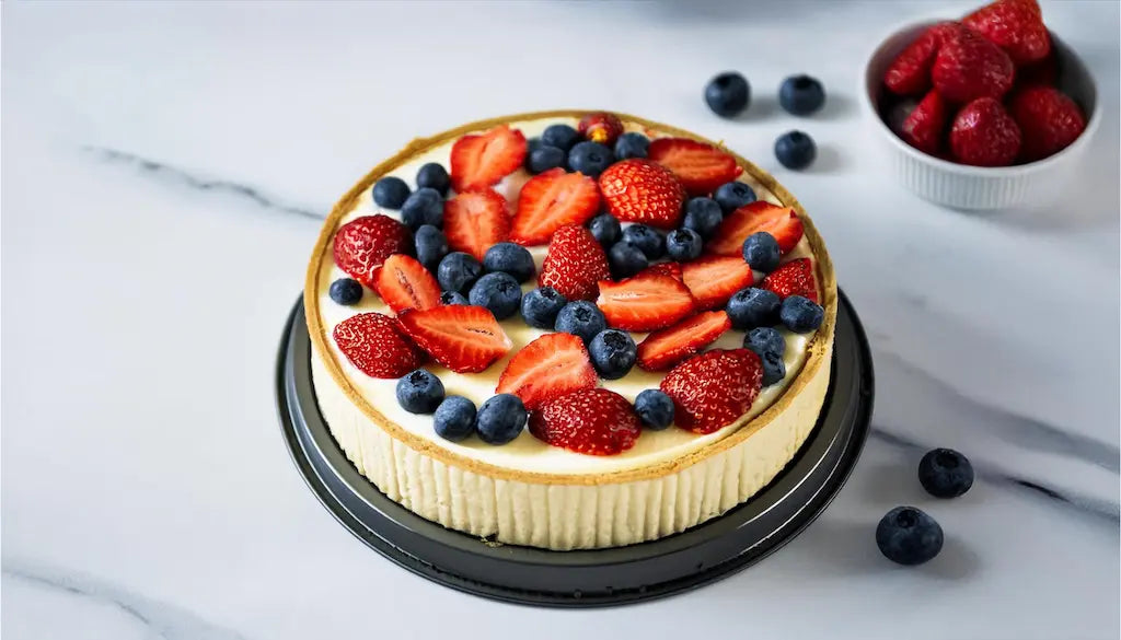 Tarta de yogur con granola, decorada con fresas y arándanos, acompañada de un tarro de leche y fresas frescas en el fondo.