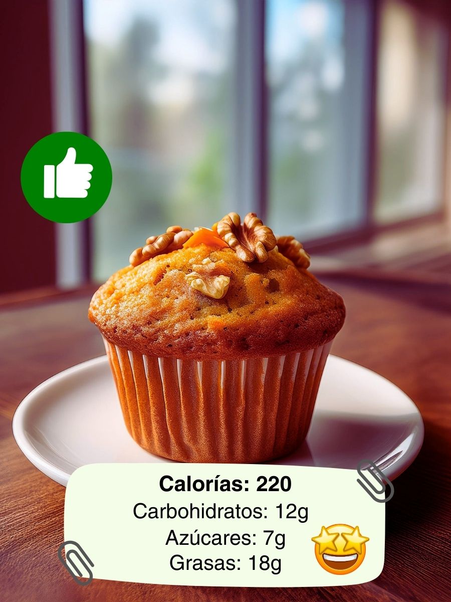 Muffin fitness con nueces, acompañado de una tabla nutricional que indica 220 calorías, 12g de carbohidratos, 7g de azúcares y 18g de grasas, con un ícono de aprobación y una ventana desenfocada de fondo.